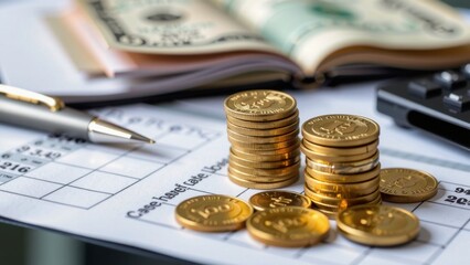 A cluttered workspace holds financial documents, stacks of shiny coins, a precision calculator, and a silver pen at the ready, amidst a tax form, all set for crunching numbers and balancing books