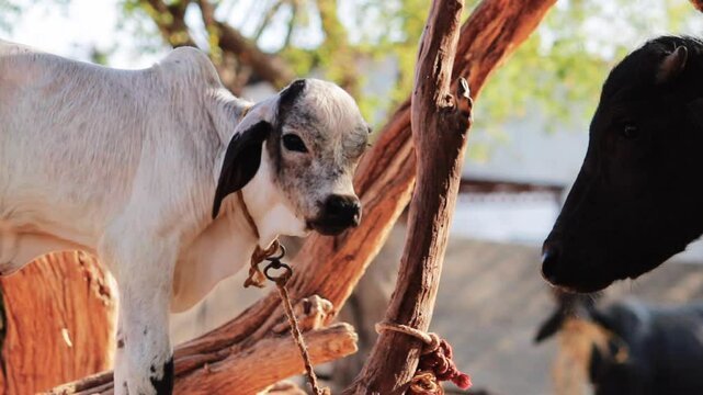 Young brown and white calf at dairy farm. Newborn Indian baby cow,
