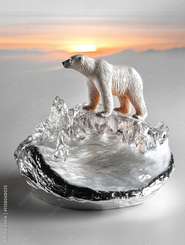 Aufkleber Lonely polar bear on a small melting ice floe at sunset with ample space for text placement. Generative AI