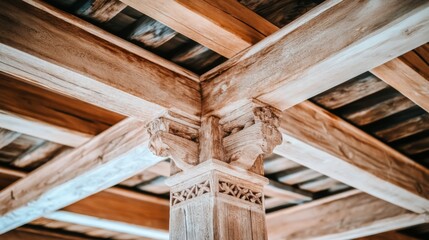 Rustic Wooden Beams with Intricate Carvings and Textures