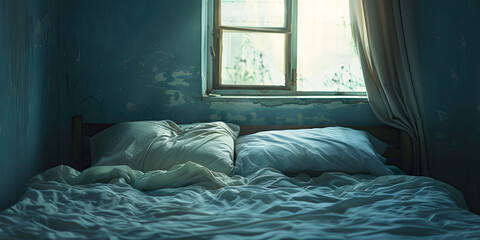 Unmade Bed in Room with Damaged Walls and Window