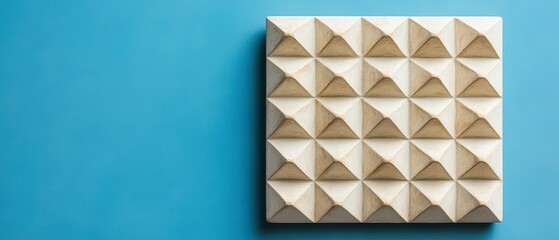 A textured wall panel featuring a geometric design of alternating triangular shapes in light wood and white, set against a solid blue background. It serves as a decorative element for interior spaces.