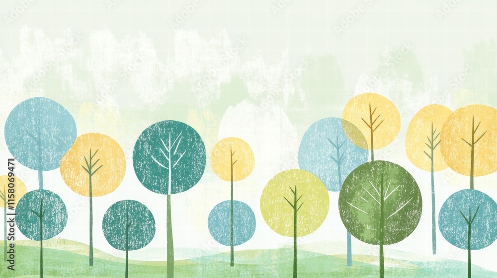 Aufkleber Colorful naive art style landscape with trees and copy space for text. Generative AI