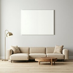 Modern Beige Sectional Sofa and Coffee Table in a Minimalist Living Room. A stylish, minimalist living room featuring a beige sectional sofa, a round wooden coffee table, and a gold floor lamp.