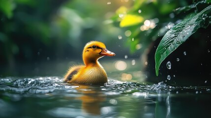Adorable yellow duckling swimming in a calm pond, surrounded by lush green foliage and sunlight.