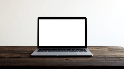 Fototapeta premium Laptop on Wooden Desk Minimalist Setup, Blank Screen for Mockup, Modern Technology, Simple Workspace, Digital Lifestyle, Clean Design, Office Environment