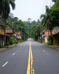 A quiet, tree-lined road stretches into the distance, flanked by modest houses, creating a serene atmosphere in a rural setting. The yellow line adds a touch of structure to the landscape.