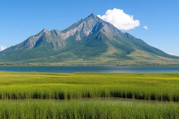 Fototapeta premium A scenic view of a mountain rising above a serene lake, surrounded by lush green grass and a clear blue sky. The landscape captures the beauty of nature and tranquility.