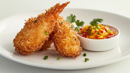 A stylish presentation of Coconut Shrimp on a slate board, beautifully garnished with microgreens and accompanied by a colorful sweet and savory dip