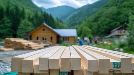 Wooden planks, ready for construction, showcased in a vibrant outdoor workspace&mdash;an ideal setting for themes of planning, carpentry, teamwork, and sustainability.