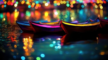 Obraz premium Colorful Boats in Vibrant Festival Lights