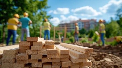 Wooden planks, ready for construction, showcased in a vibrant outdoor workspace—an ideal setting for themes of planning, carpentry, teamwork, and sustainability.