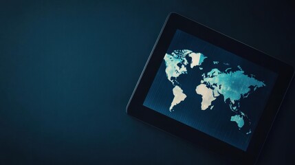 Modern flat lay featuring a tablet with a world map against a dark background for mock up and text placement. Generative AI