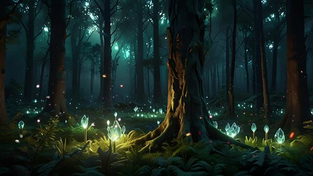 A magical forest scene with sparkling flowers and fireflies. Seamless 4K looping timelapse video animation background