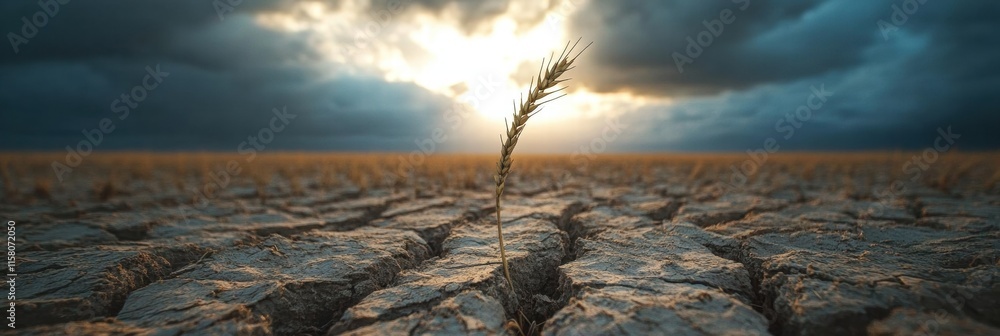 Poster barren field with a single stalk of withered wheat under a dramatic sky at dusk. generative ai