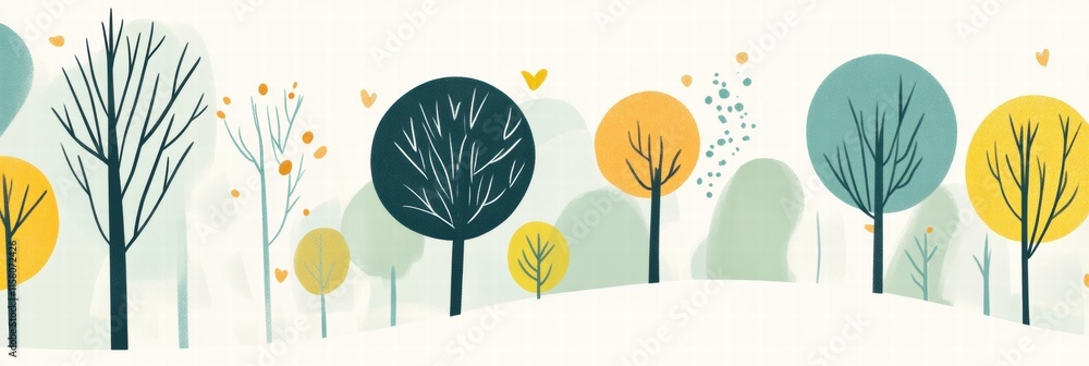 Poster Colorful naive art style landscape with trees creating a whimsical backdrop for creative projects and text placement. Generative AI