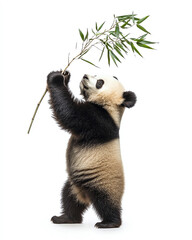 Fototapeta premium A cute panda bear playfully holding a bamboo branch against a white background.