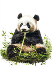 Obraz premium A cute panda enjoying bamboo among lush greenery, showcasing the charm of wildlife in its natural habitat.