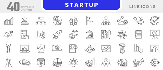 Startup line icon set. Profit, partnership, startup, solution, office, leadership, organization management, planning, marketing, teamwork line icon set.Ui thin line icon pack.