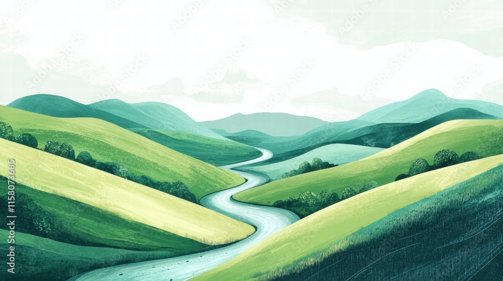 Aufkleber lush green hills and winding river create a serene landscape backdrop for creative projects. generat