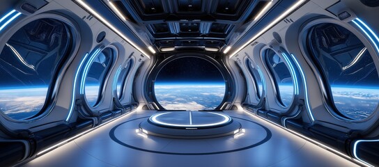 Futuristic Spaceship Interior with View of Earth
