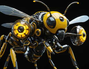 Close-up view of a futuristic mechore bee, intricately designed with metallic exoskeletons and glowing accents, blending organic and robotic features, sharp details showcasing its compound eyes