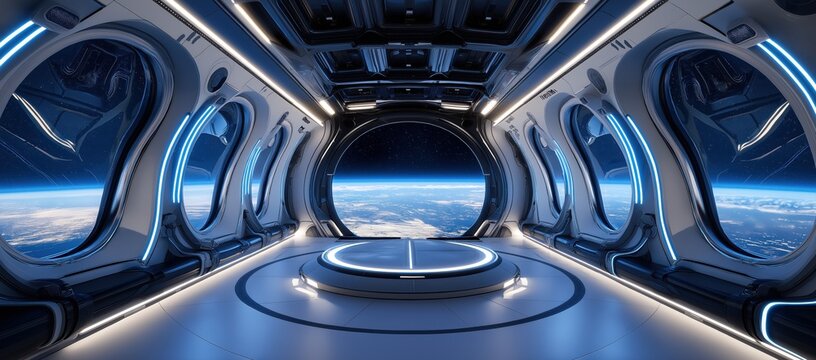Futuristic Spaceship Interior with View of Earth