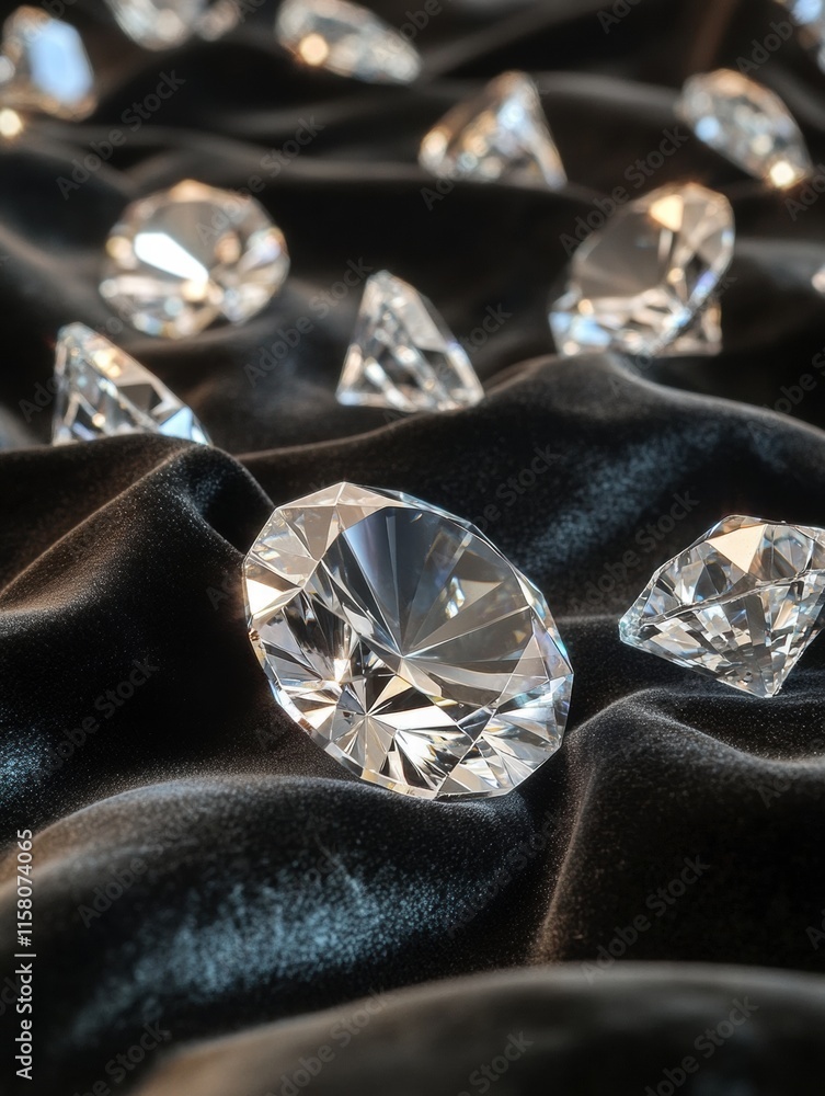 Aufkleber Large sparkling diamonds on a smooth black fabric with ample copy space for personalized text. Generative AI