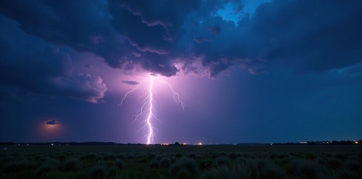 A bolt of lightning strikes in the distance as a storm approaches, night sky, thunderstorm