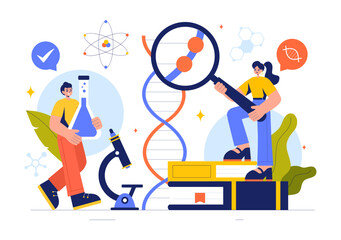 Biology Vector Illustration featuring DNA Gene Molecule, Virus, Genetic Biotechnology, Chemistry, Genome, and Science in a Flat Style Background