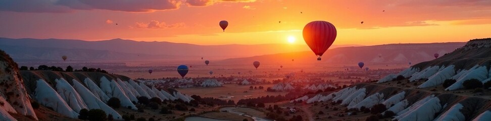 Obraz premium Balloon landscape in the heart of cappadocian landscape, natural wonder, sunset