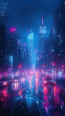 Fototapeta premium A vibrant cityscape at night, illuminated by neon lights reflecting on wet streets, creating a futuristic atmosphere.