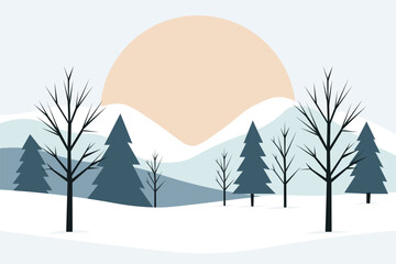 Adobe Illustrator A serene winter landscape featuring bare trees and pine trees against a backdrop of snow-covered hills and a large setting sun, creating a peaceful and calm atmosphere.Artwork