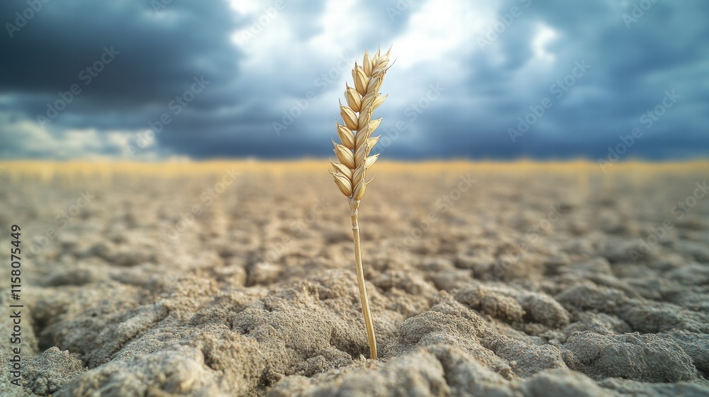Poster withered wheat stalk stands alone in dry barren field beneath a cloudy sky. generative ai