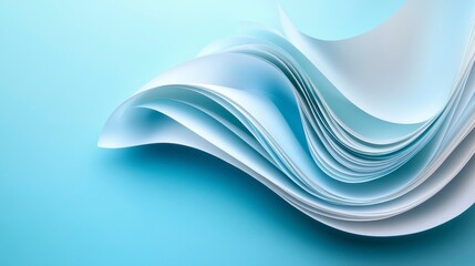 A soft wave of layered paper sheets on a gentle blue background.