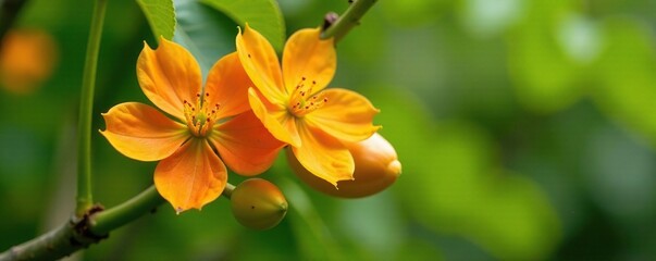 Fototapeta premium Delicate papaya flowers on a natural papaya tree branch, papaya, bloom