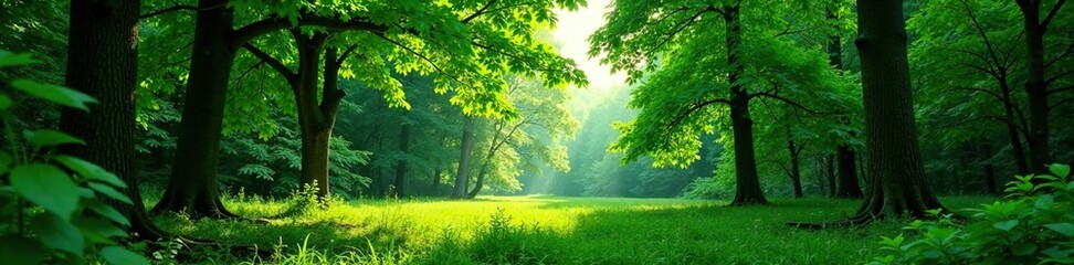 Fototapeta premium Dense foliage of green trees surrounding a clearing, verdant landscape, forest, dappled light