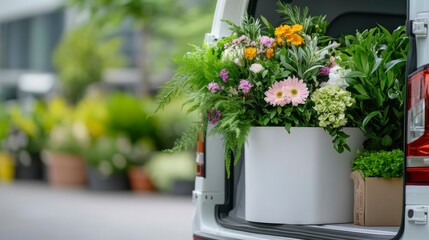 A van filled with vibrant flowers and greenery, ready for delivery.