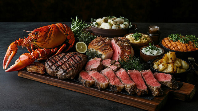 Gourmet dishes, including a whole lobster with melted butter and lemon wedges, king crab legs garnished with fresh herbs, a perfectly seared chulet&oacute;n de vaca vieja on a rustic wooden board, Kobe beef.