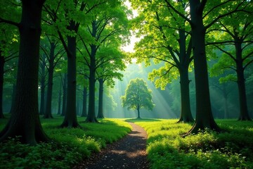 Obraz premium Forest canopy with a lone tree in the distance, scenery, trees, serenity