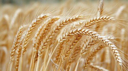 Close-up of ripe golden wheat stalks in a field.