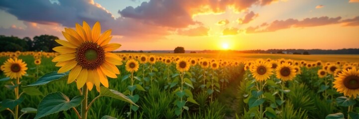 Fototapeta premium Gentle warm colors of sunset on a vast green meadow, sunflower, sunset, fields