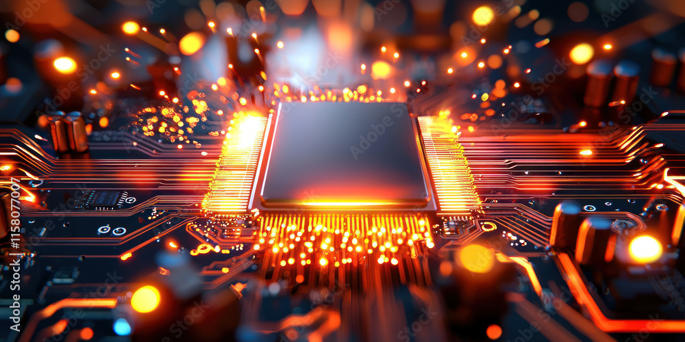 Poster detailed close up of microchip with glowing connections and circuits, showcasing technology brillian