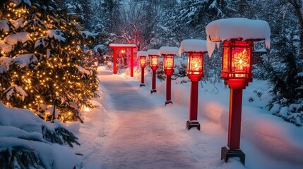 Snow-covered lanterns lining a festive holiday pathway