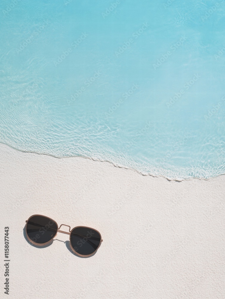 Poster stylish sunglasses resting on sandy beach shore next to clear turquoise water inviting relaxation an