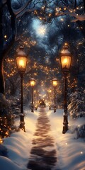 Obraz premium Magical snowy path with glowing lights.