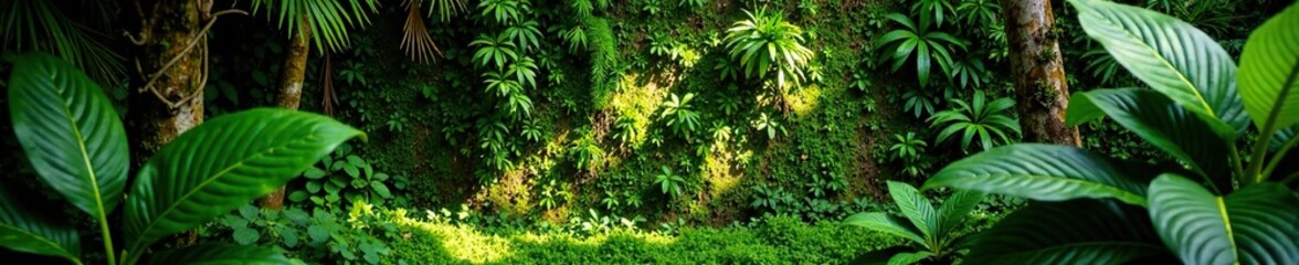 Obraz premium Moss and ferns create dappled shadows on a living wall in the tropics, shadows, tropical, foliage