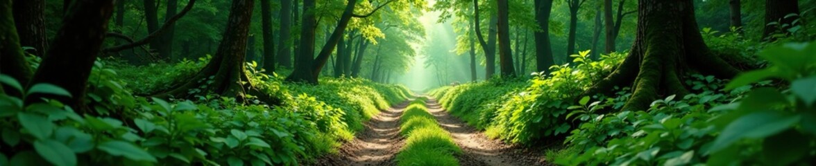 Obraz premium Overgrown dirt road snaking through a primeval forest, greenery, wild