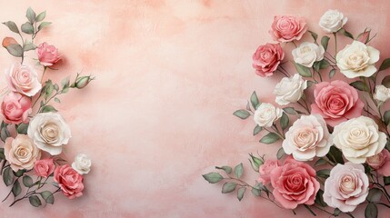 A soft pastel background adorned with beautiful pink and white roses, creating an elegant floral frame.