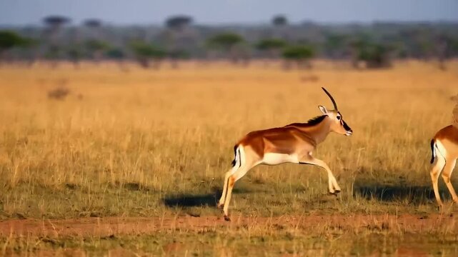 Gerenuk Gazelle Leaping Through African Savanna: A graceful gerenuk gazelle leaps through the golden grasses of the African savanna, its long neck outstretched and hooves poised for the next bound.